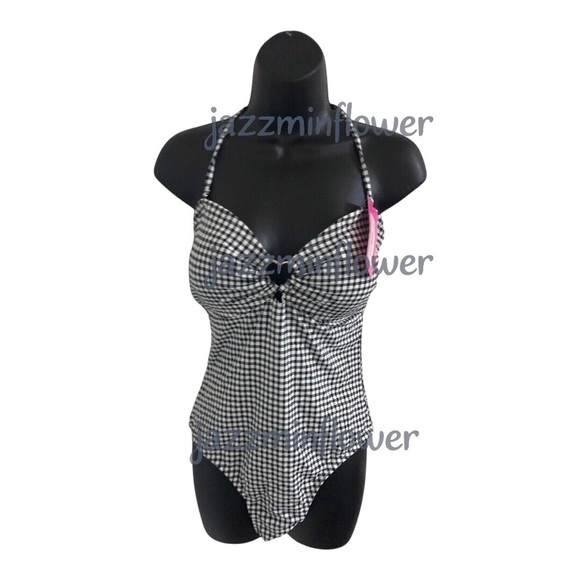 Betsey Johnson white black classic gingham print halter swimsuit size XL new - Picture 8 of 13